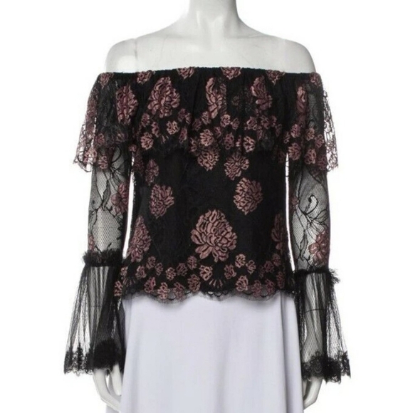 ALEXIS INTERMIX "LAURENA" BLACK LACE PINK FLORAL OFF SHOULDER BOHO TOP BLOUSE M - Picture 3 of 16